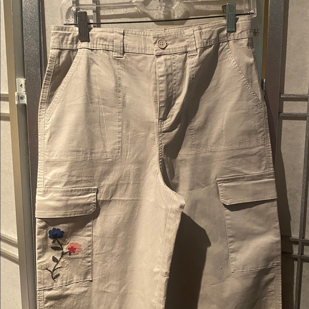 Girls Cargo Pants with Floral Embroidery